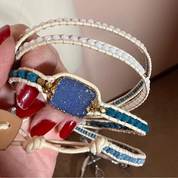 Nakamol blue white Raw gemstone boho Mediterranean long Wrap bracelet - Picture 11 of 15